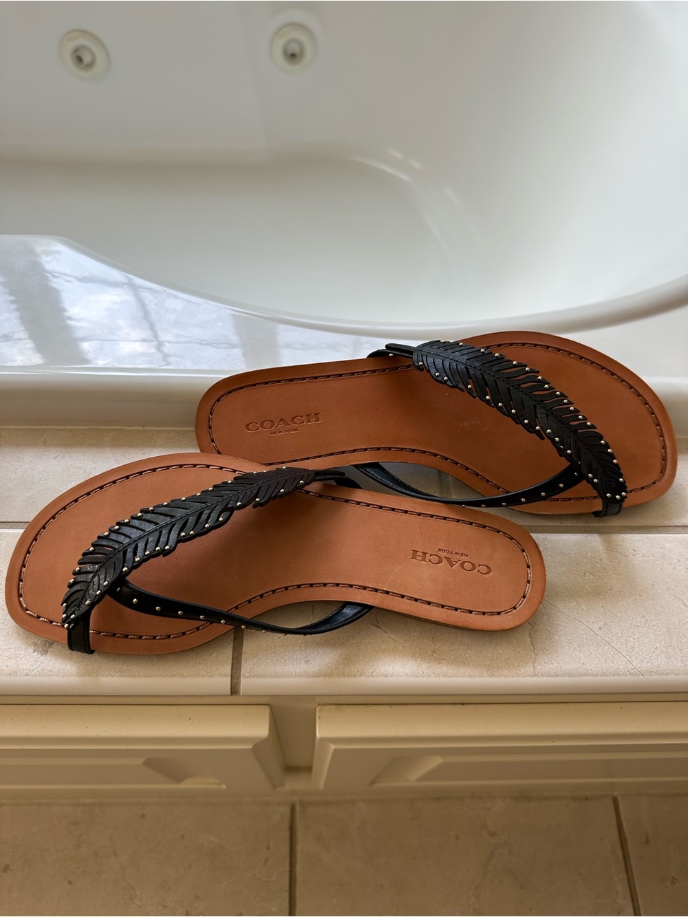 Coach Black Leather Leaf-Trim Flip Flop Sandals
